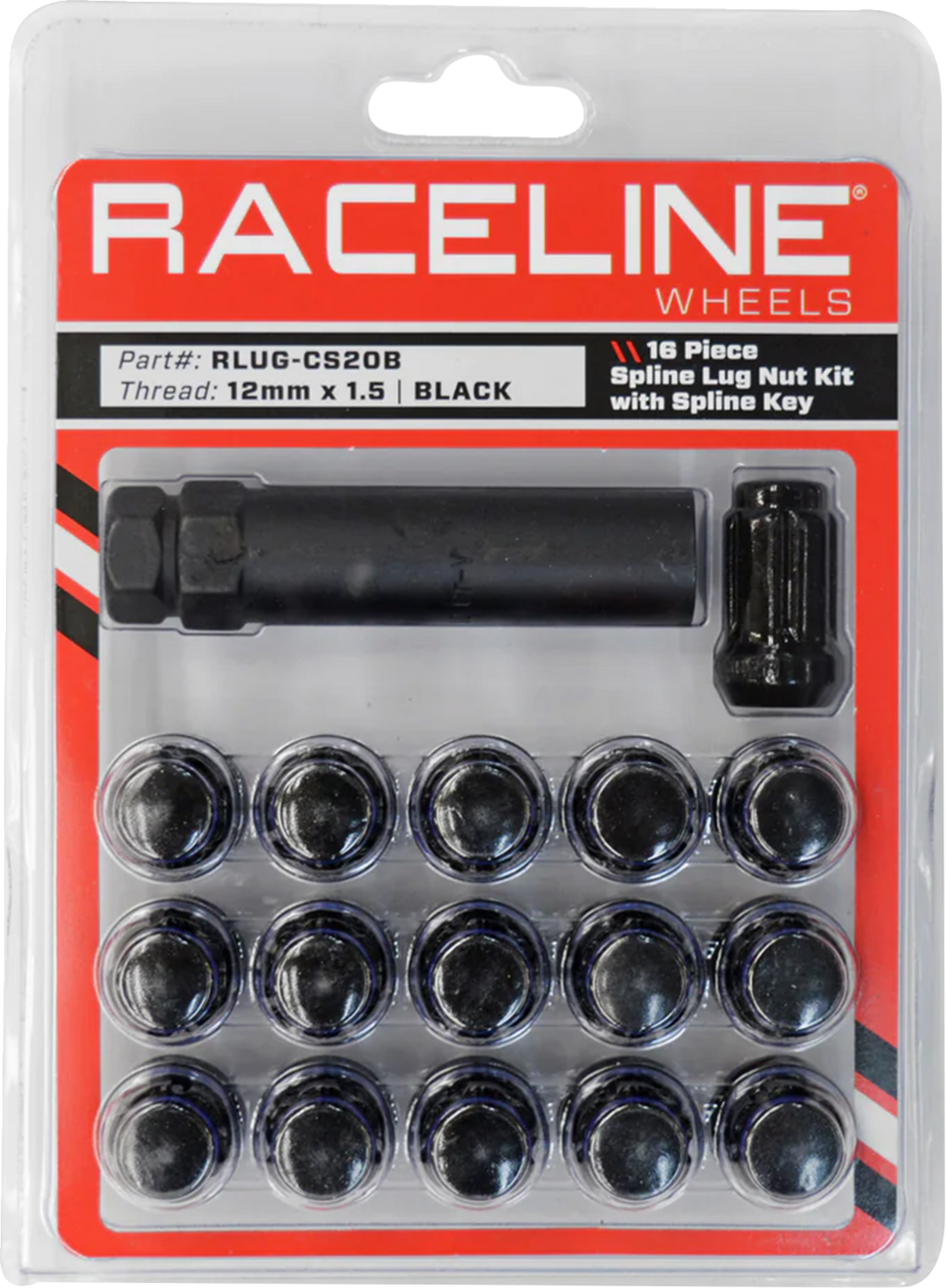 RACELINE WHEELS Lug Nuts - Spline Socket - 12 mm x 1.5 - with Spline Key - Black - 16 Pack RLUG-CS20B