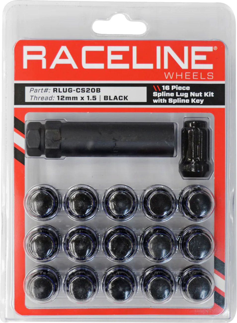 RACELINE WHEELS Lug Nuts - Spline Socket - 12 mm x 1.5 - with Spline Key - Black - 16 Pack RLUG-CS20B