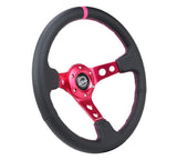 NRG Reinforced Steering Wheel (350mm/3in. Deep) Black Leather/ Fushia Center Mark/ Fushia Stitching RST-006FH