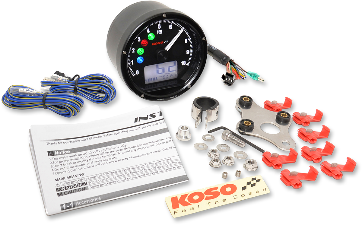 KOSO NORTH AMERICA TNT-01R Universeller elektronischer Tachometer/Drehzahlmesser – schwarzes Zifferblatt/Gehäuse BA035K00