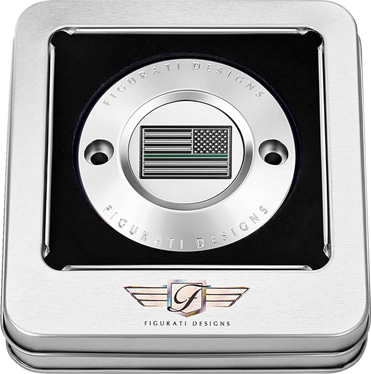 FIGURATI DESIGNS Timing Cover - 2 Hole - American - Green Line - Stainless Steel FD72-TC-2H-SS