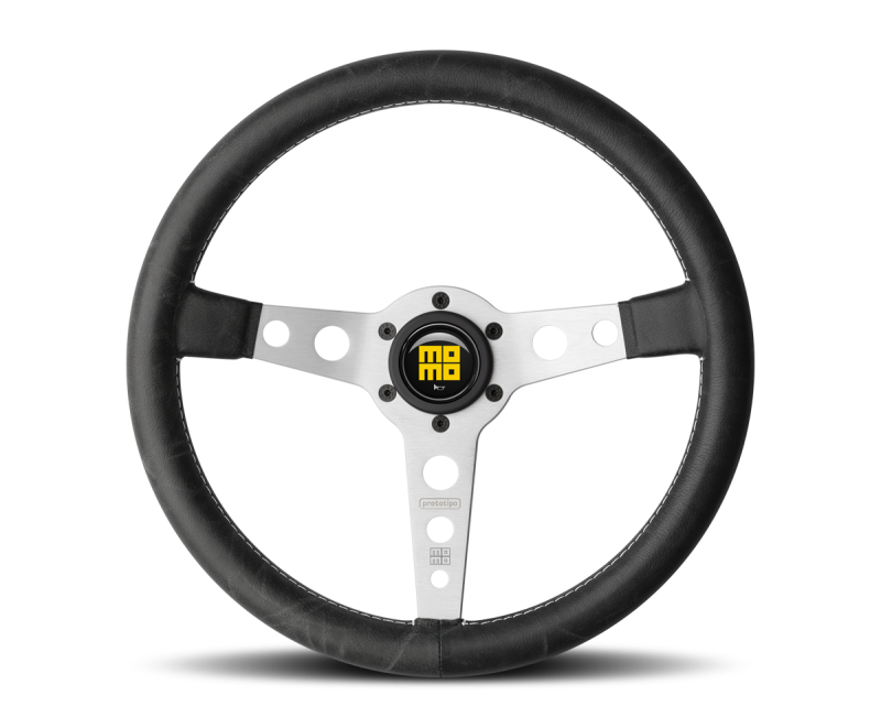 Momo Prototipo Steering Wheel 350 mm - Black Leather/White Stitch/Brshd Spokes PRH35BK0S