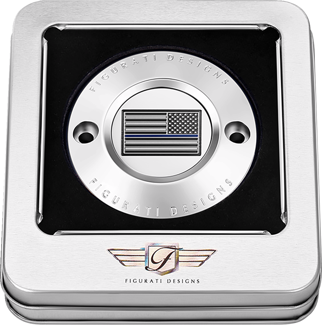 FIGURATI DESIGNS Timing Cover - 2 Hole - American - Blue Line - Stainless Steel FD70-TC-2H-SS