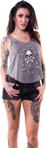 LETHAL THREAT Lockeres Tanktop mit Totenkopf und gekreuzten Knochen für Damen, Grau, XL LA20466XL 