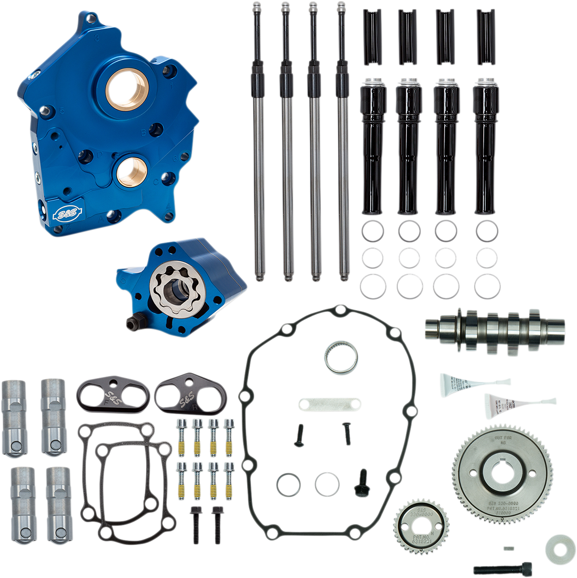 S&amp;S CYCLE Nockenwellengehäuse-Kit mit Platte M8 – Zahnradantrieb – Ölgekühlt – 475er Nockenwelle – Schwarze Stößelstangen 310-1014A