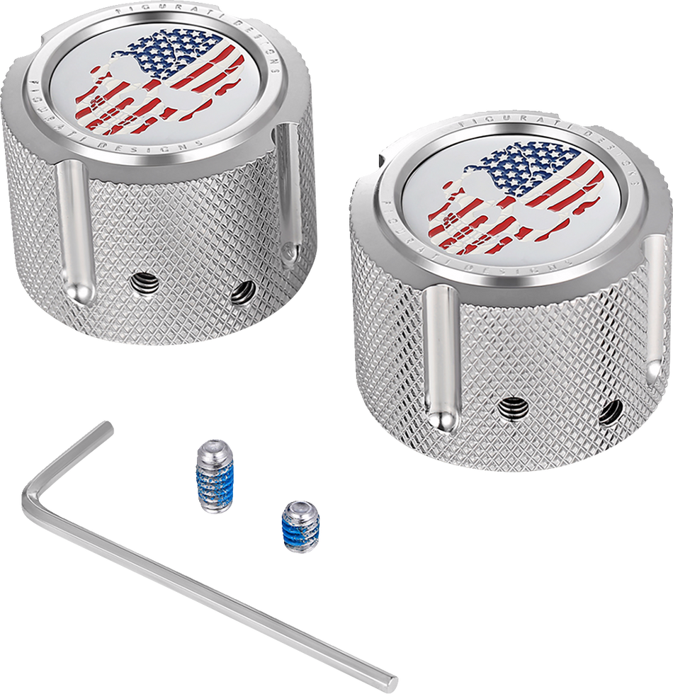 FIGURATI DESIGNS Front Axle Nut Cover - Stainless Steel - Red/White/Blue Flag Skull FD24-FAC-SS