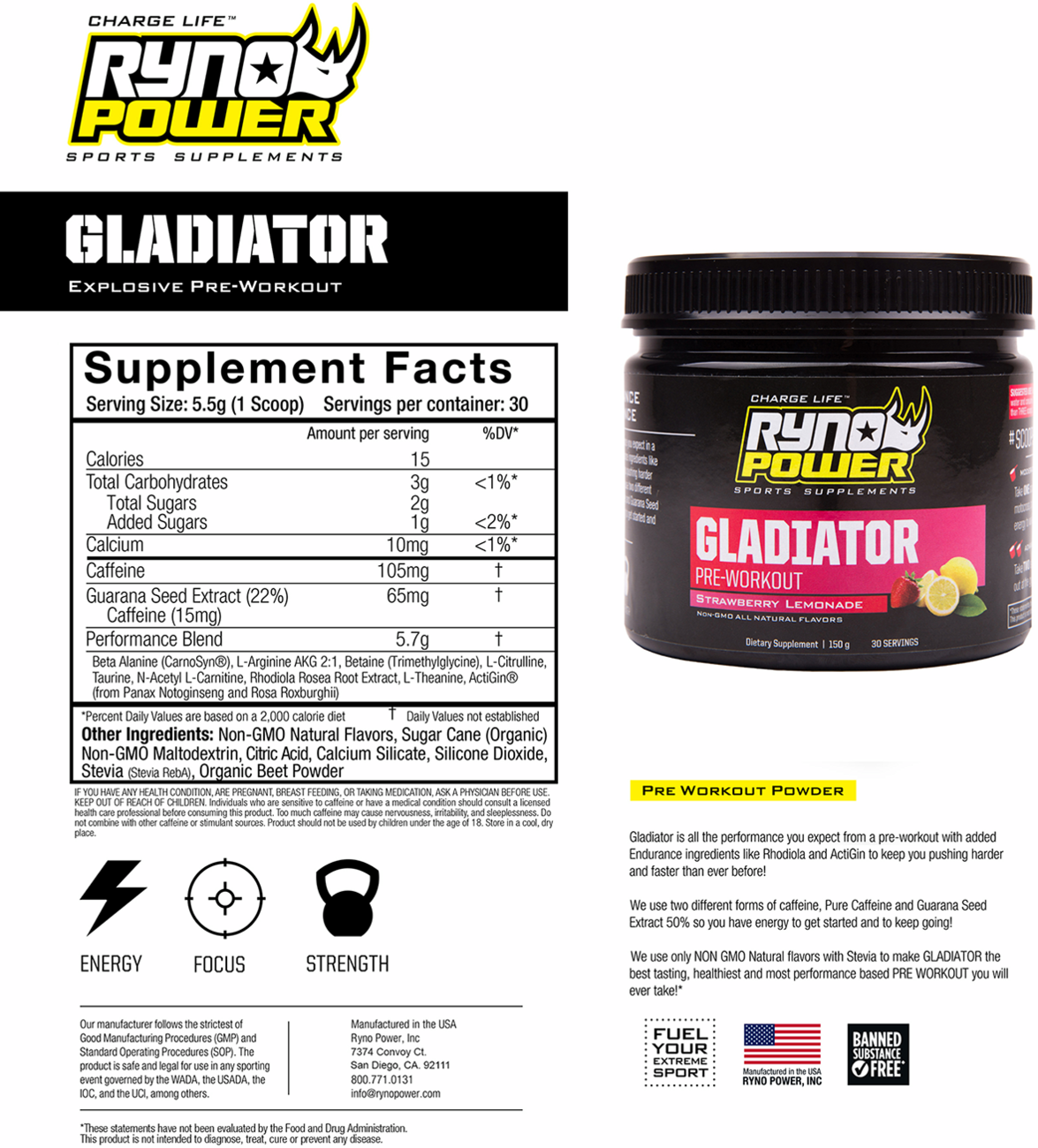 RYNO POWER Gladiator Pre-Workout Drink Mix - Tub GLAD-TUB