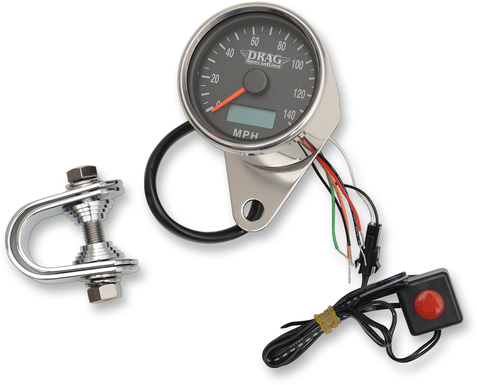 DRAG SPECIALTIES 2.4" MPH Programmable Mini Electronic Speedometer with Odometer/Tripmeter - Polished - Black Face 21-6893DSNU