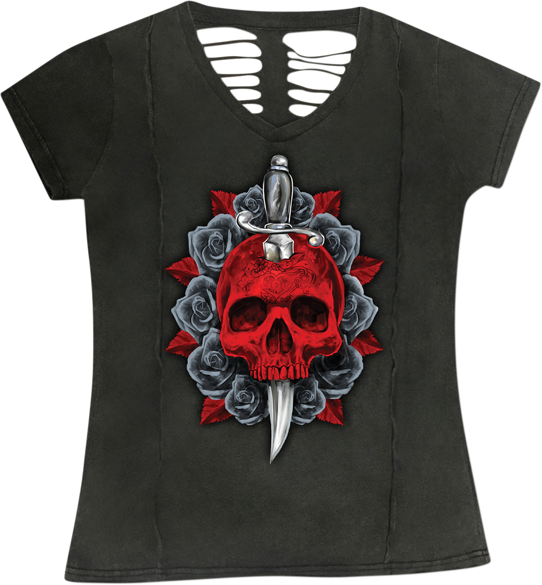 LETHAL THREAT Damen T-Shirt mit Dolch-Totenkopf, Grau, Größe L, LA20707L 