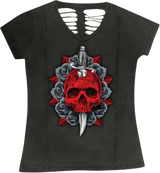 LETHAL THREAT Damen T-Shirt mit Dolch-Totenkopf, Grau, Größe L, LA20707L 