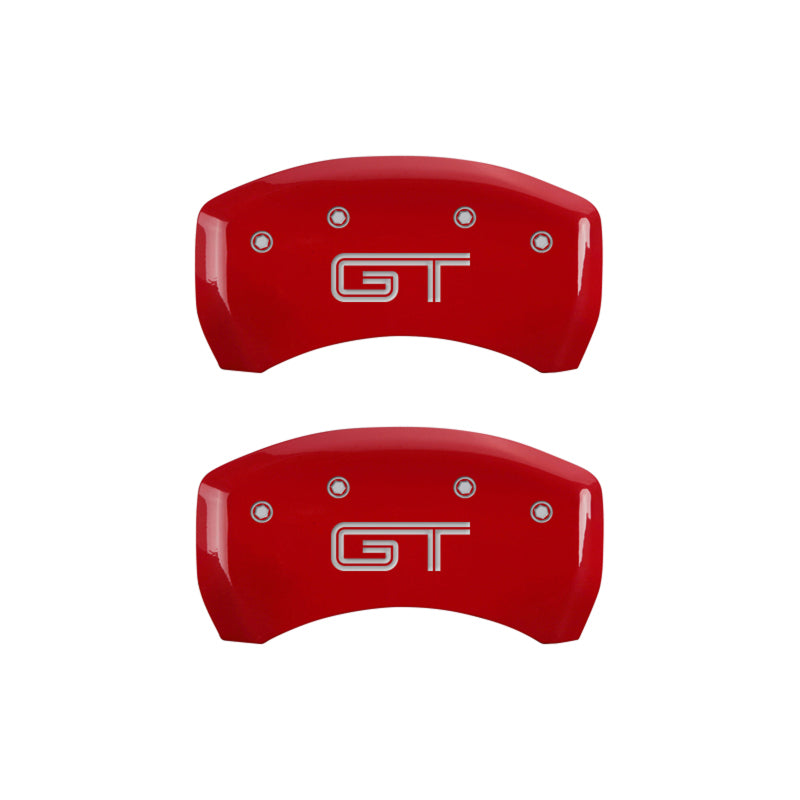 MGP 4 Caliper Covers Engraved Front Mustang Engraved Rear GT Red finish silver ch 10198SMGTRD