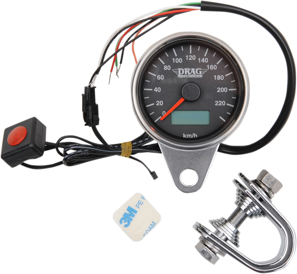 DRAG SPECIALTIES 2.4" KMH Programmable Mini Electronic Speedometer with Odometer/Tripmeter - Matte Black - Black Face 21-6895ADS