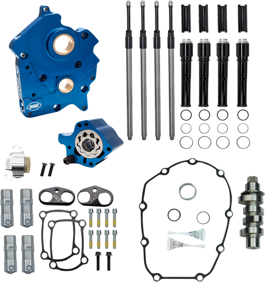 S&amp;S CYCLE Nockenwellengehäuse-Kit mit Platte M8 – Kettenantrieb – wassergekühlt – 475er Nockenwelle – schwarze Stößelstangen Road/Electra Glide / 310-1008B 