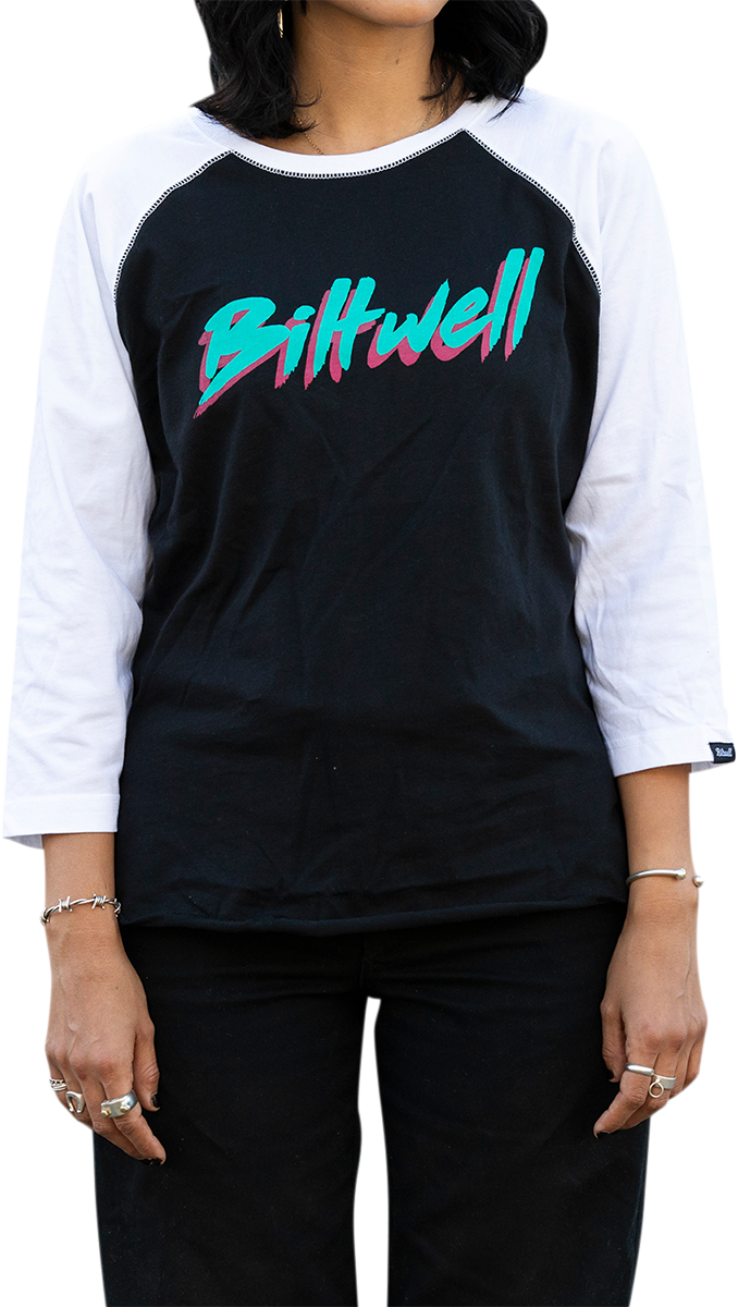 BILTWELL Camiseta raglán 1985 para mujer - Negro/Blanco - Mediana 8144-060-003 