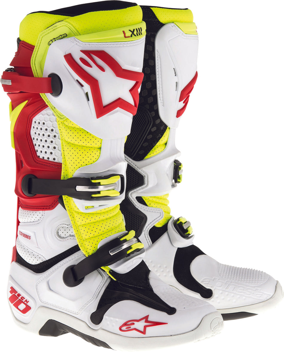 ALPINESTARS Tech 10 Boots White/Red/Yellow Sz 10 C482-00610