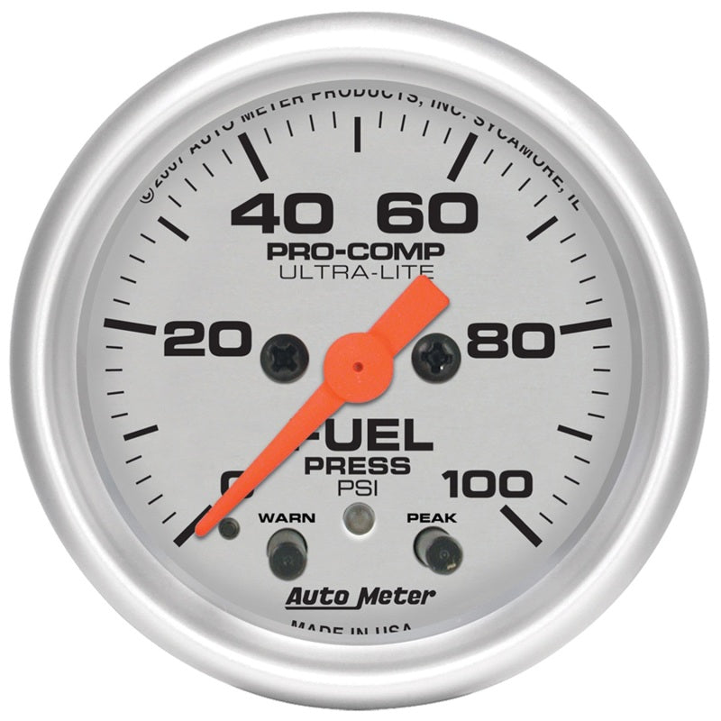 Autometer Ultra-Lite 52mm 0-100 PSI Fuel Pressure w/ Peak Memory Warning Gauge 4371