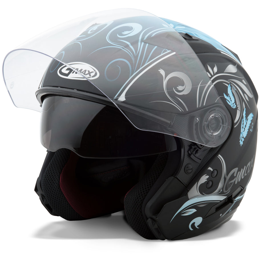 GMAX Of-77 Open-Face Butterflies Helmet Matte Blk/Light Blue Lg G3772446 TC-16F