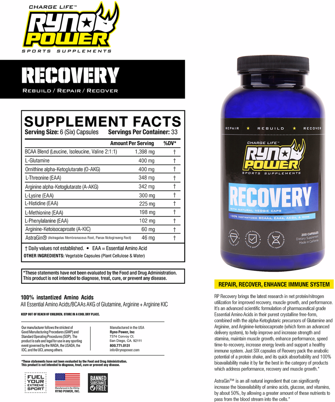 RYNO POWER Recovery Capsules - 200 ct. Bottle 500