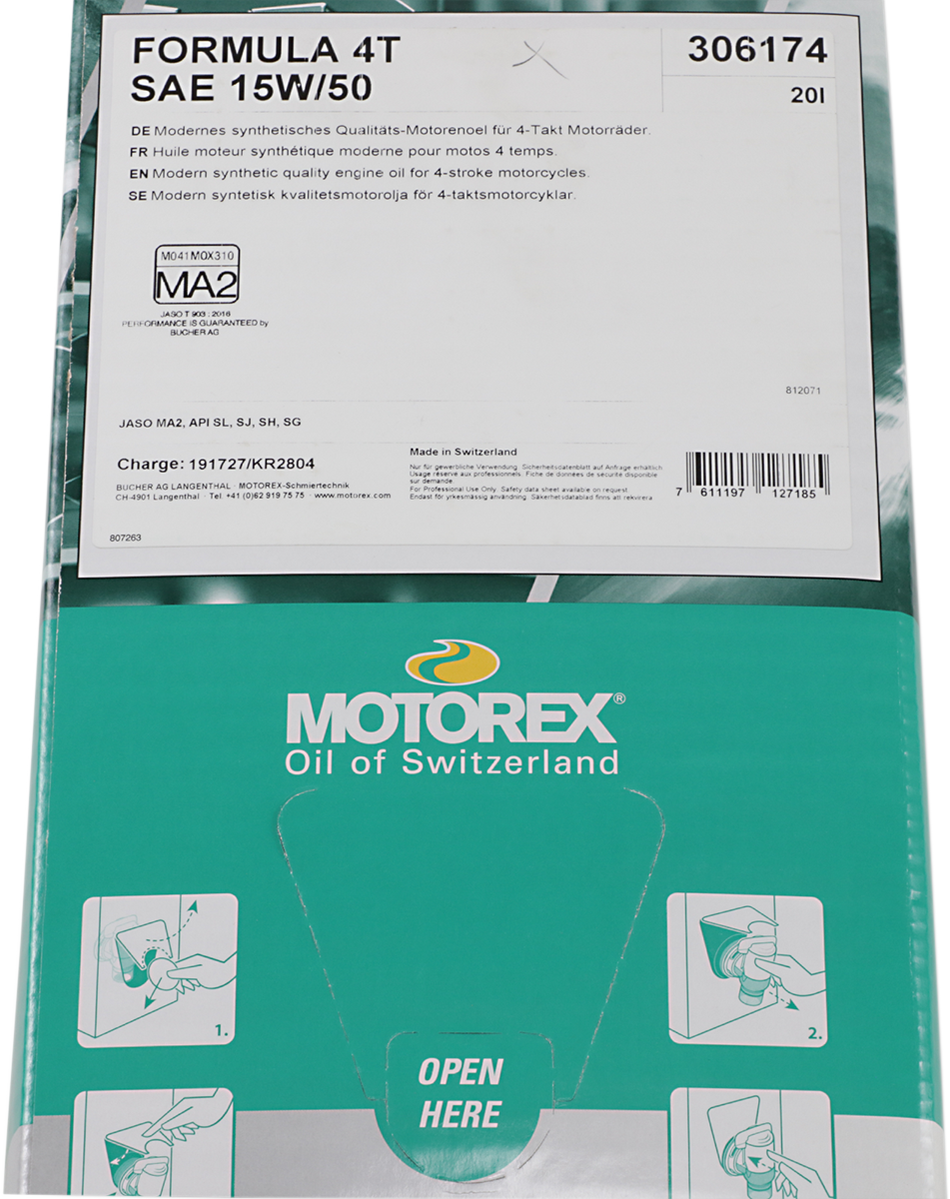 Aceite de motor MOTOREX Formula Synthetic Blend 4T - 15W-50 - 20L - Caja dispensadora 196620 