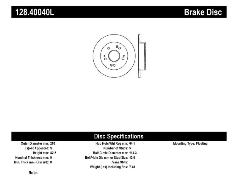 StopTech 06-07 Acura CSX (Canada) / 06-09 Honda Civic / 97-01 Prelude Drilled Left Rear Rotor 128.40040L