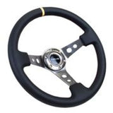 NRG Reinforced Steering Wheel (350mm / 3in. Deep) Blk Leather w/Gunmetal Cutout Spoke & Yellow CM RST-006GM-Y