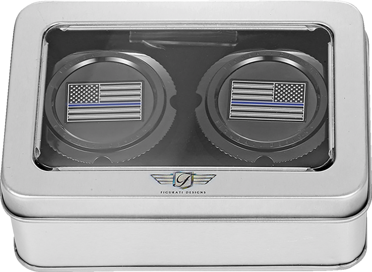 FIGURATI DESIGNS Front Axle Nut Cover - Stainless Steel - Black w/Blue Line Flag FD71-FAC-BK