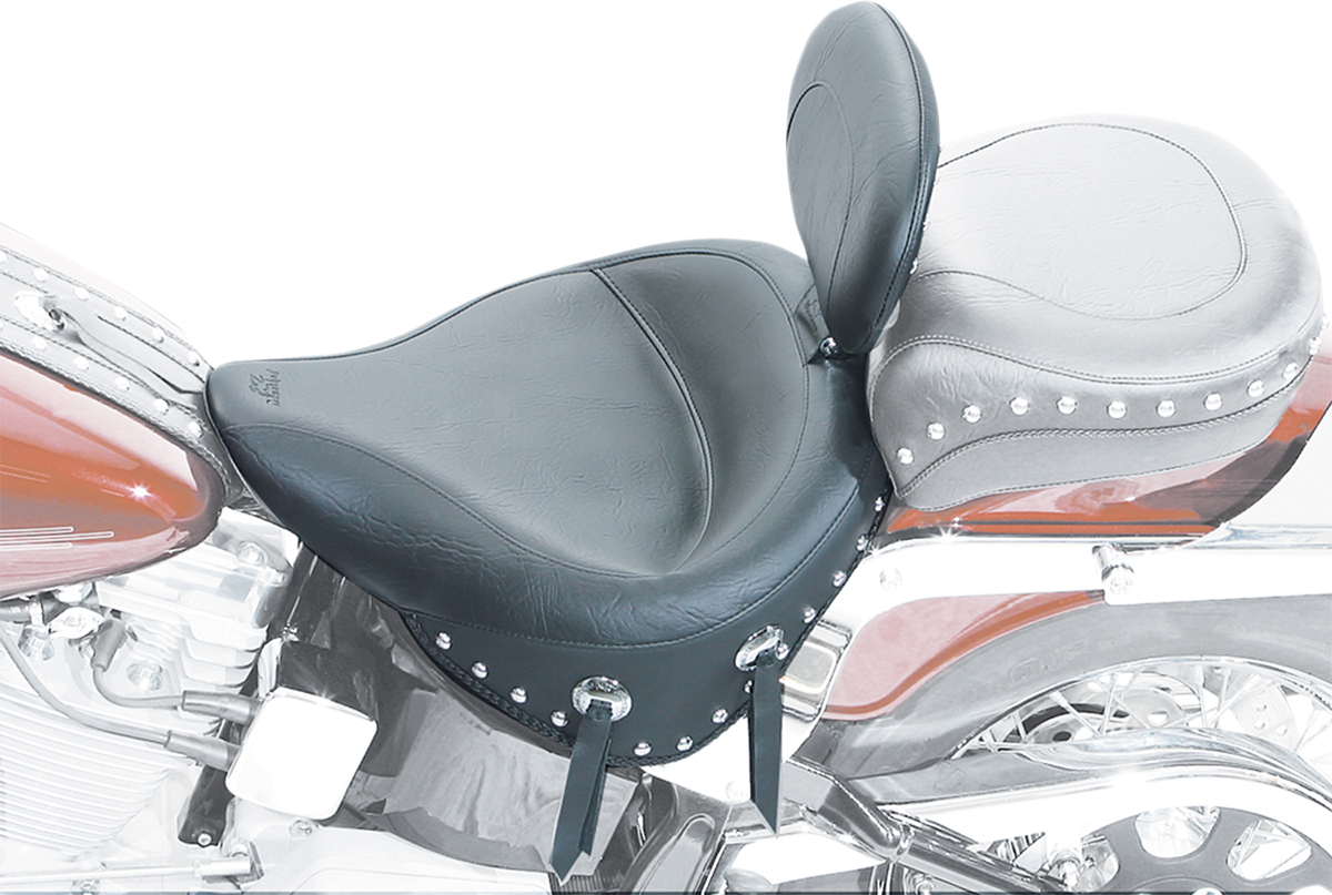 MUSTANG Wide Solo Seat - With Backrest - Black - Studded W/Concho - Softail '84-'99 79104