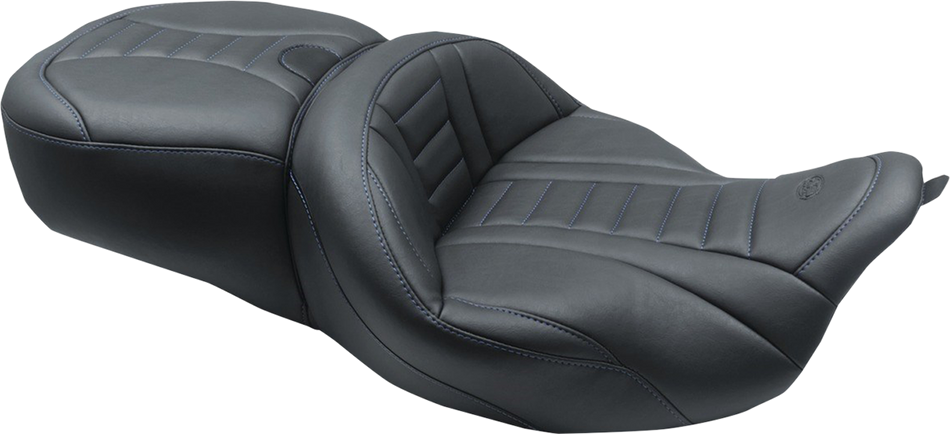 MUSTANG One-Piece Deluxe Touring Seat - Black w/ Sky Blue Stitching 79006SB