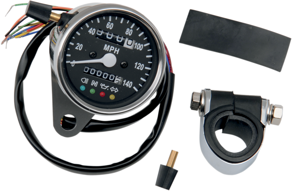 DRAG SPECIALTIES MPH Mini Mechanical Speedometer with LED Indicators - Black Face - 2240:60 Ratio - 2.4" 21-6840LEDPB