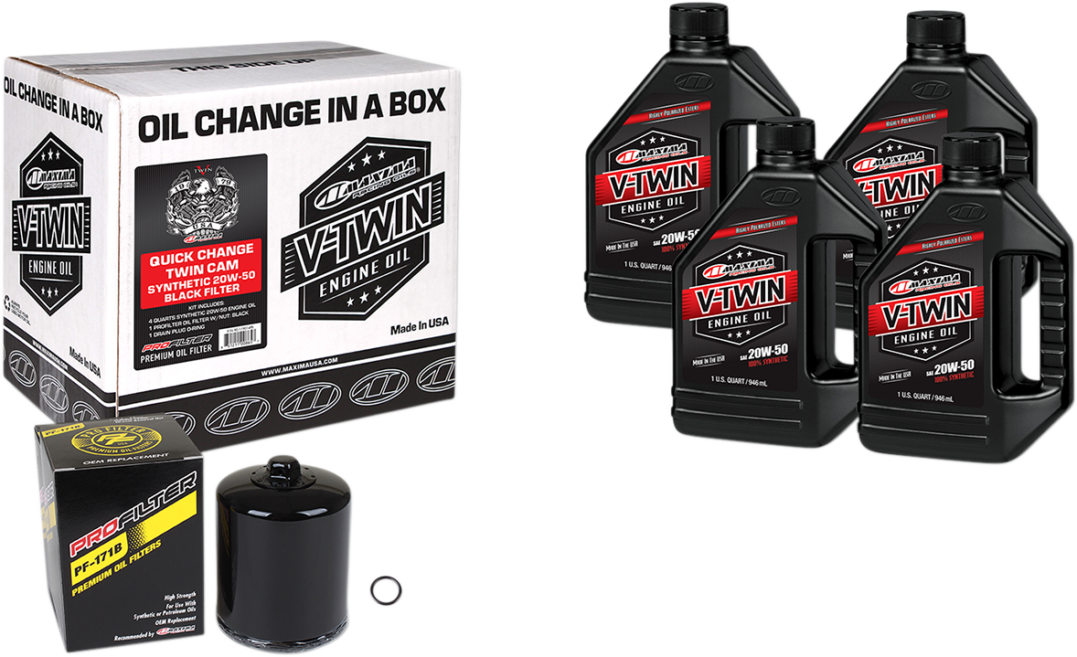 MAXIMA RACING OIL Quick Change Twin Cam Synthetic 20W-50 Ölwechsel-Set – schwarzer Filter 90-119014PB 