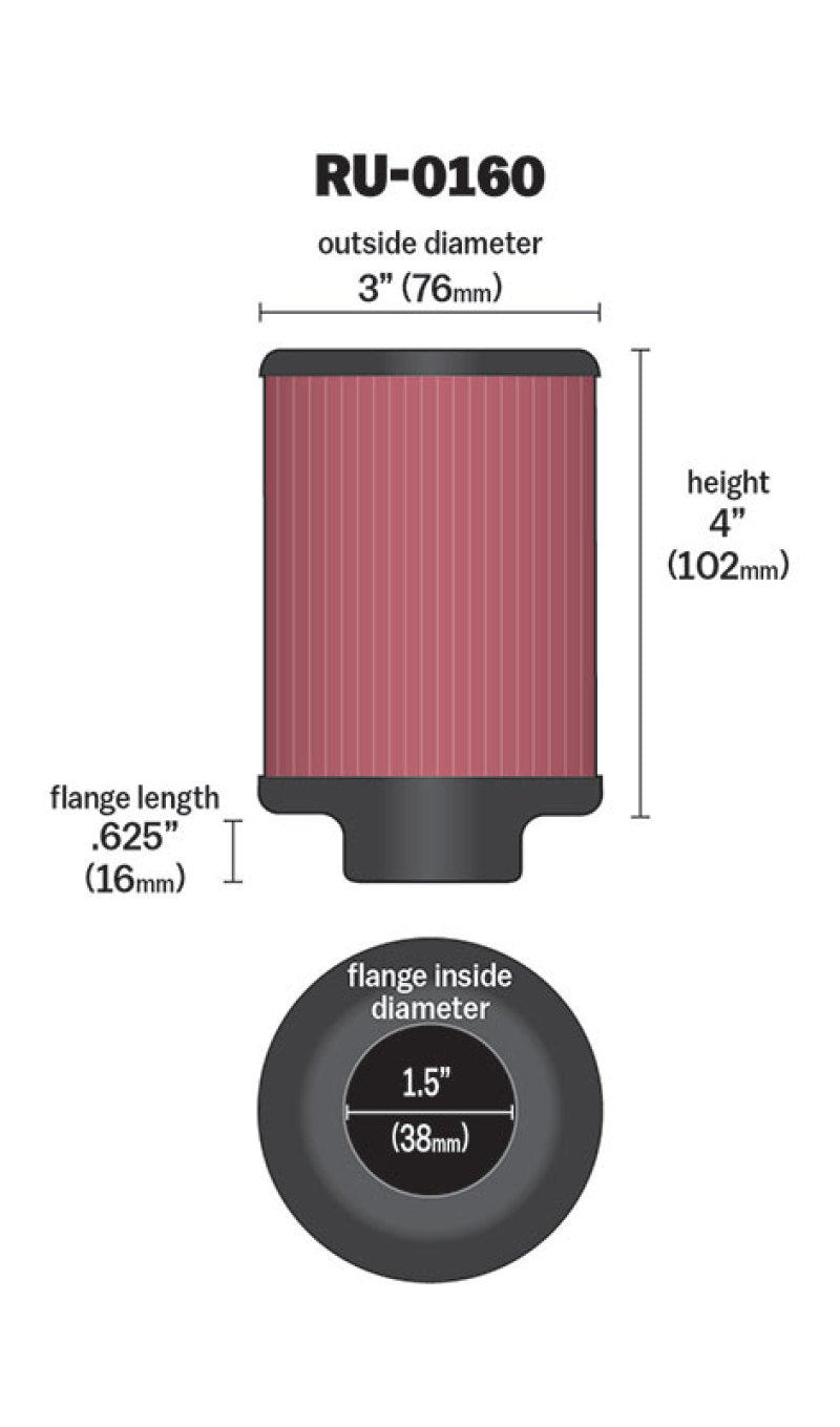 K&N Universal Rubber Filter 1 1/2in FLG 3in OD 4in Height
