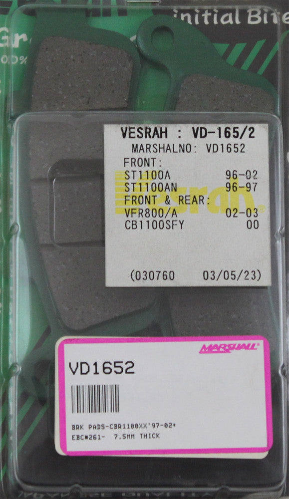 VESRAH Brk Pads-Cbr1100xx'97-02 + Ebc#261- 7.5mm Thick VD1652