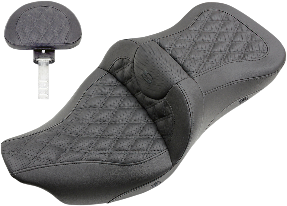SADDLEMEN Roadsofa Seat - with Backrest - Full Lattice Stitch - Heated - '08-'23 FLH/FLT 808-07B-182BRHC
