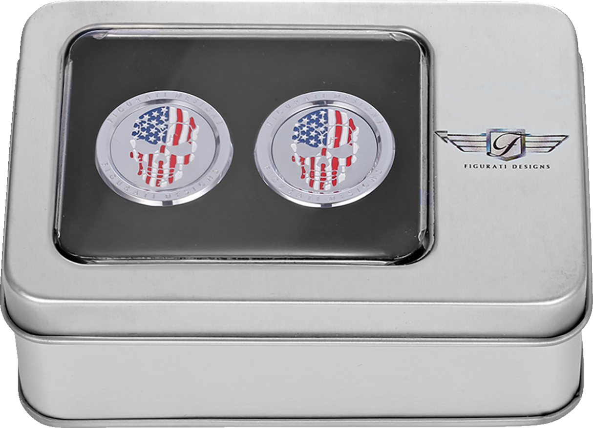 FIGURATI DESIGNS Docking Hardware Covers - Red/White/Blue American Flag Skull - Stainless Steel FD24-DC-2730-SS