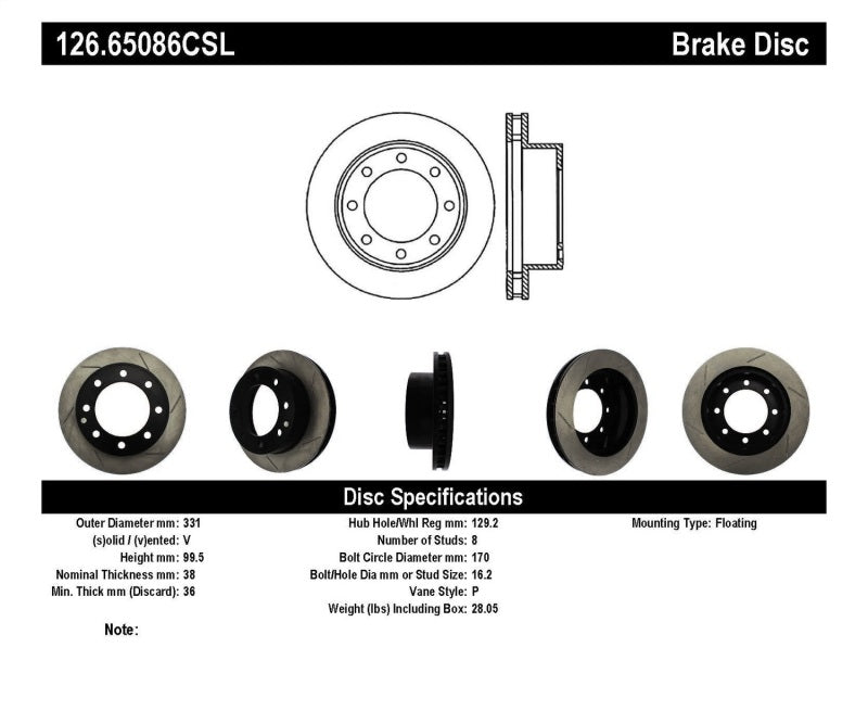 StopTech Power Slot 00-05 Ford Excursion / 99-04 F250/F350 Front Left Slotted CRYO Brake Rotor 126.65086CSL