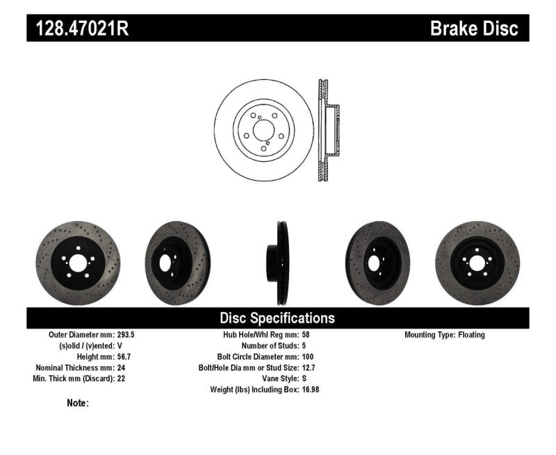 StopTech Drilled Sport Brake Rotor 128.47021R