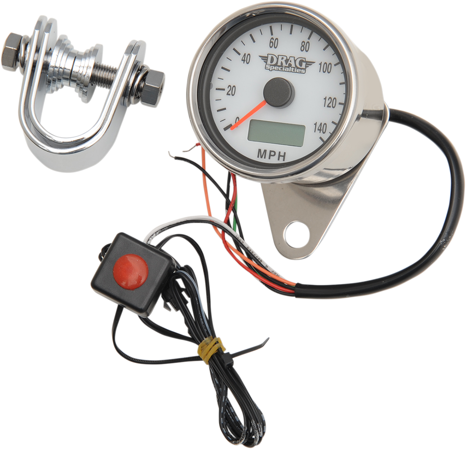 DRAG SPECIALTIES 2.4" MPH Programmable Mini Electronic Speedometer with Odometer/Tripmeter - Polished - White Face 21-6893DSWNU
