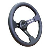 NRG Reinforced Steering Wheel (350mm / 3in. Deep) Black Leather w/ Black Stitching RST-018R