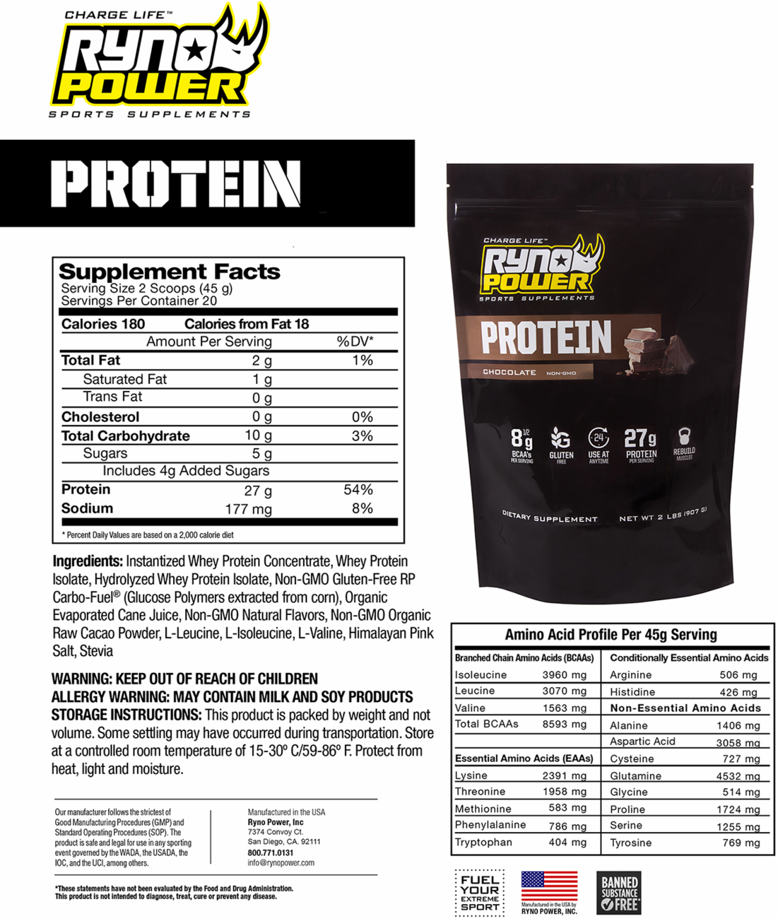 RYNO POWER Protein Powder - Chocolate - 1 lb - 10 Servings 1LB-PPC