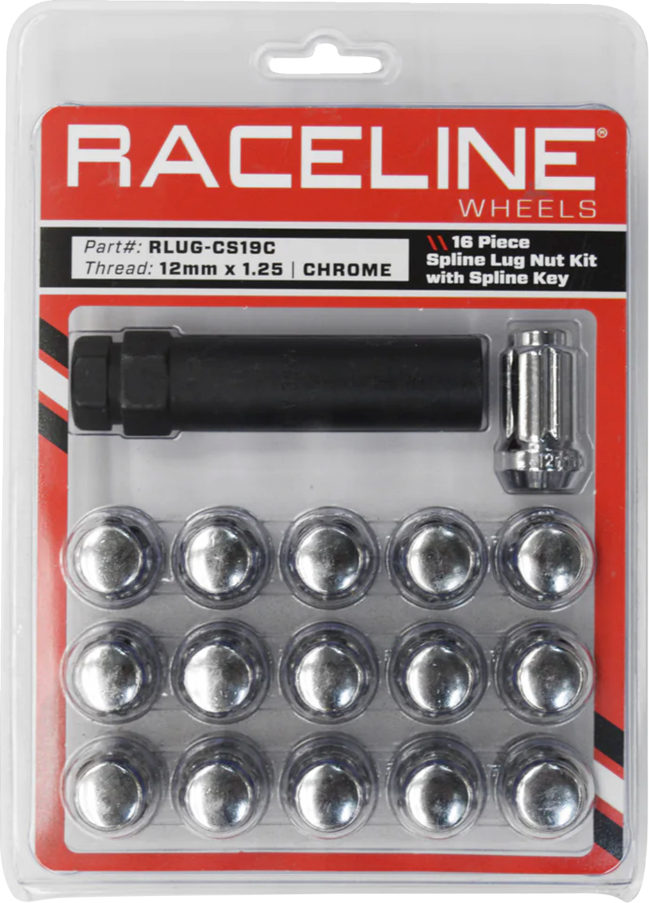 RACELINE WHEELS Lug Nuts - Spline Socket - 12 mm x 1.25 - with Spline Key - Chrome - 16 Pack RLUG-CS19C