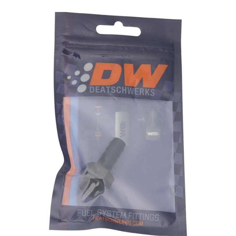 DeatschWerks 6AN ORB Stecker auf 3/8 Zoll Stecker Dreifach-Widerhaken-Anschluss (inkl. O-Ring) – eloxiert mattschwarz 6-02-0501-B