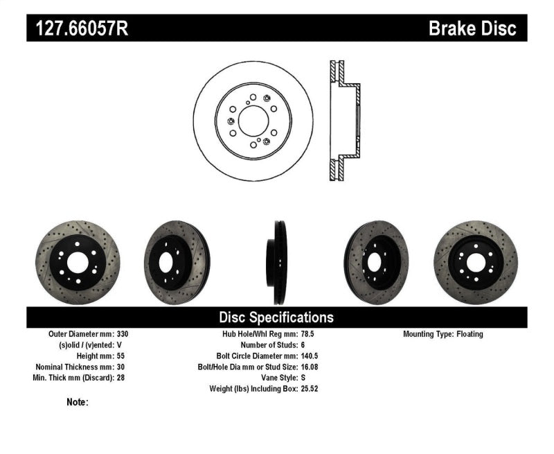 StopTech 05-10 GMC Sierra 1500 (w Rear Drum) / 07-09 GMC Yukon Front Right Slotted & Drilled Rotor 127.66057R