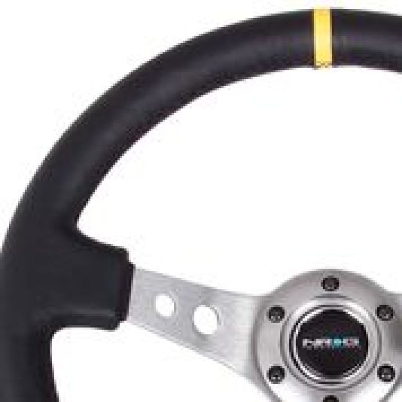 NRG Reinforced Steering Wheel (350mm / 3in. Deep) Blk Leather w/Gunmetal Cutout Spoke & Yellow CM RST-006GM-Y