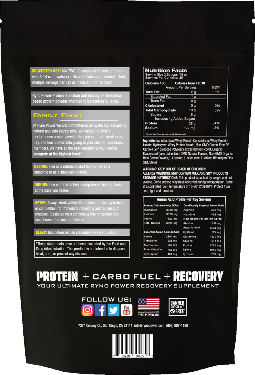 RYNO POWER Protein Powder - Chocolate - 2 lb - 20 Servings PPC4657