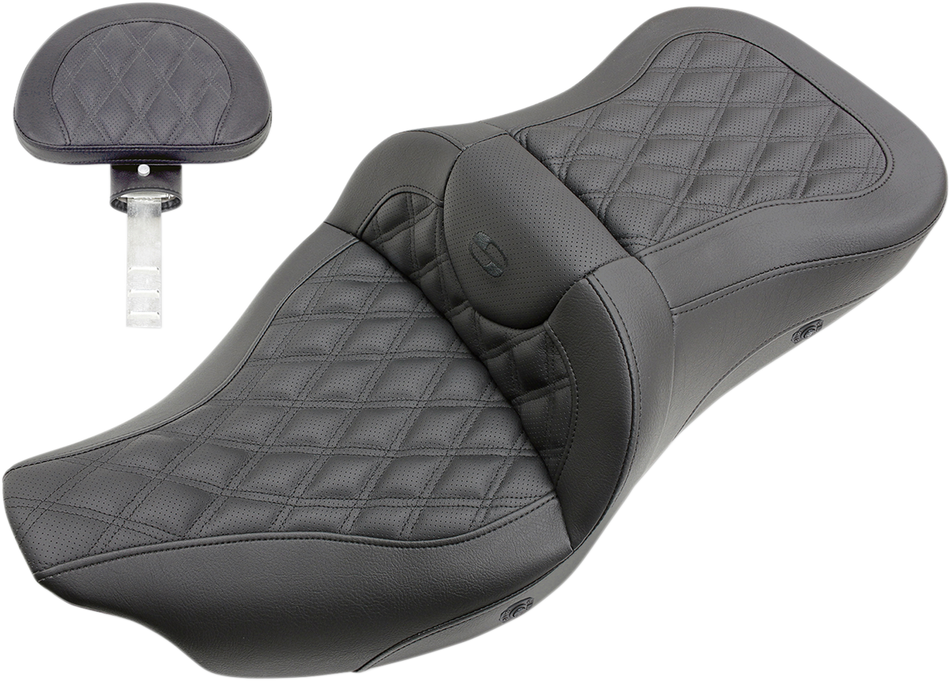 SADDLEMEN Roadsofa Seat - Heated - Full Lattice Stitch - with Backrest - Black - '09-'23 FLHTCUTG 808-07B-182TBRH
