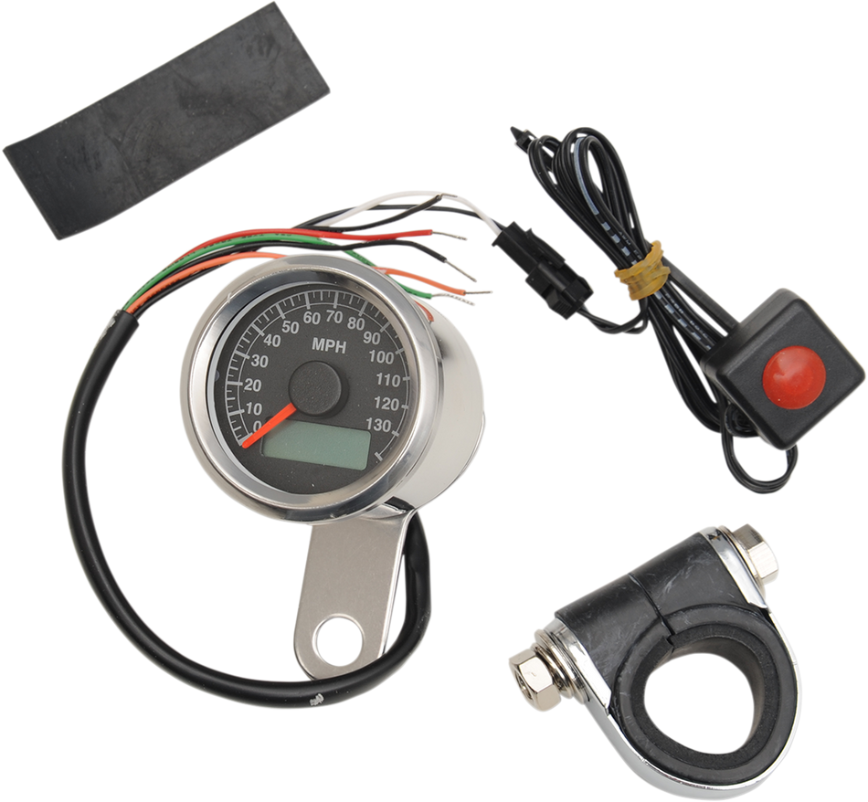DRAG SPECIALTIES 1.87" MPH Programmable Mini Electronic Speedometer with Odometer/Tripmeter - Polished - Black Face 21-6899NU