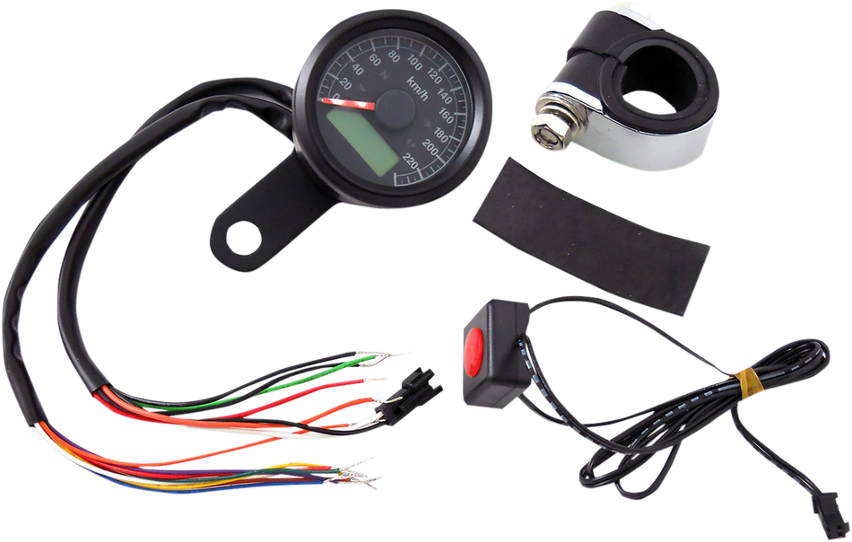 DRAG SPECIALTIES 1-7/8" Programmable Speedometer with Indicator Lights - Gloss Black - 220 KPH LED Black Face 77902K