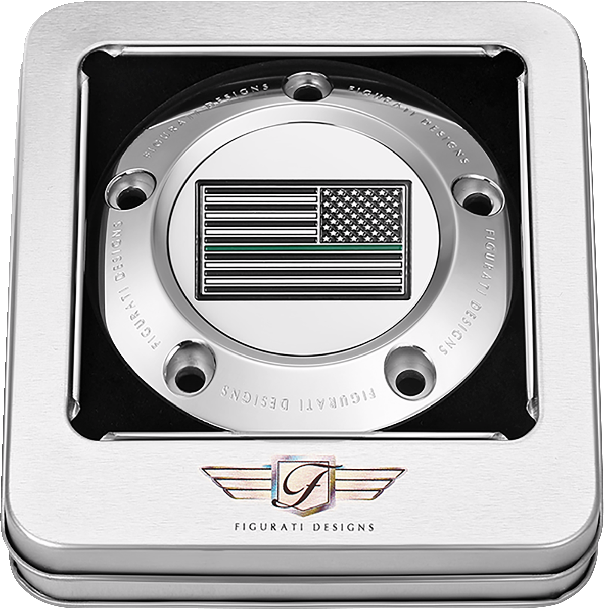 FIGURATI DESIGNS Timing Cover - 5 Hole - American - Green Line - Stainless Steel FD72-TC-5H-SS