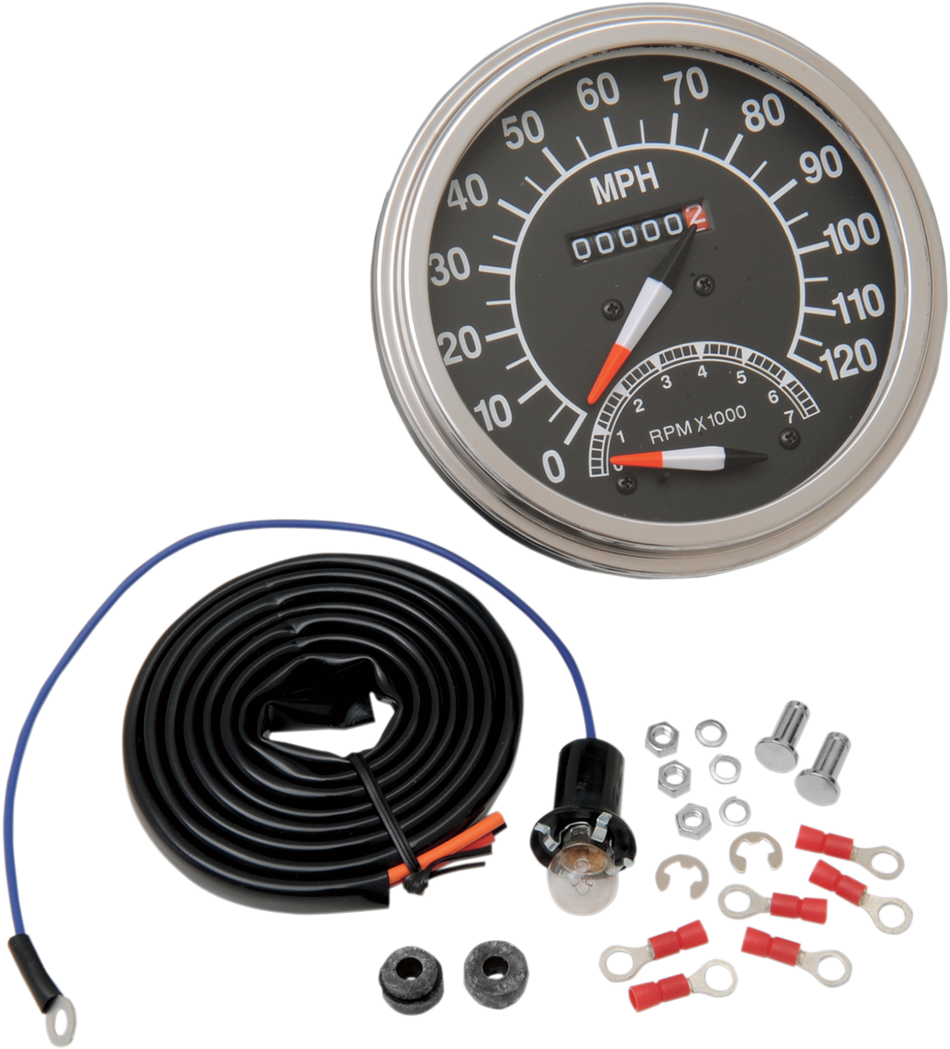 DRAG SPECIALTIES 5" MPH FL-Style 2:1 Speedometer with Tach - '68-'84 Black Face NO RESET KNOB 72418M