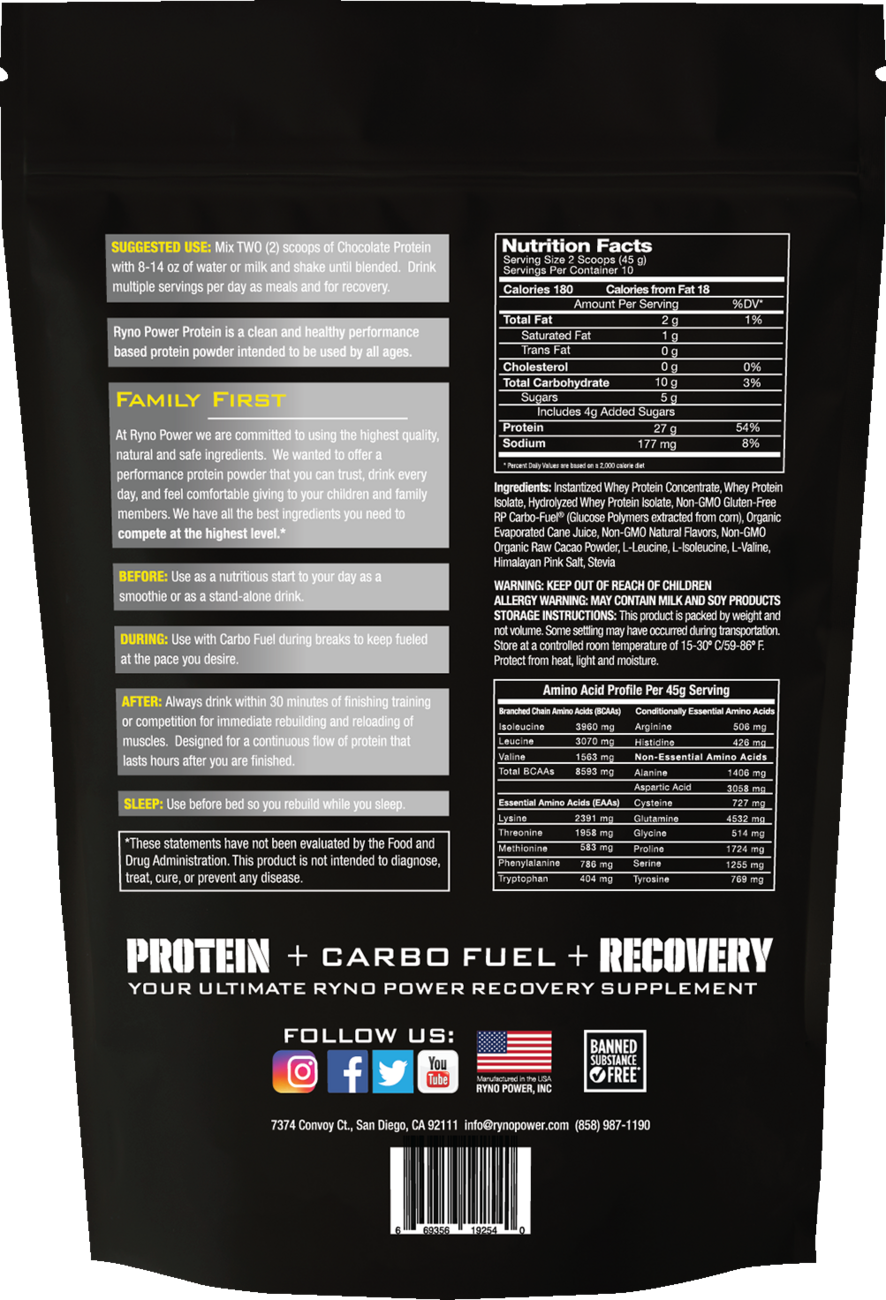 RYNO POWER Protein Powder - Chocolate - 1 lb - 10 Servings 1LB-PPC